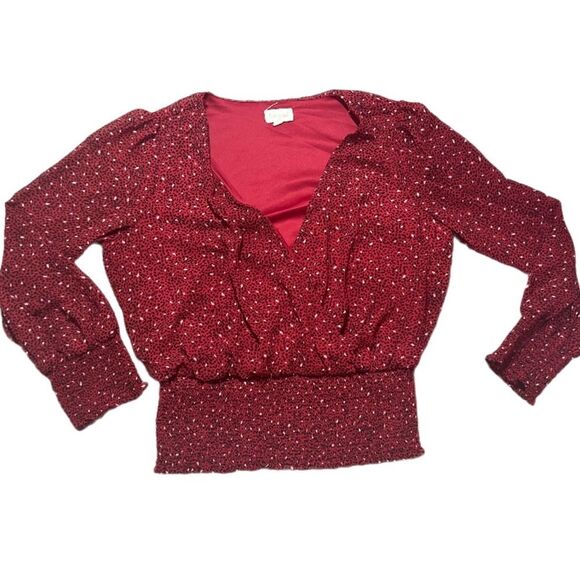 Meraki smocked WAIST V NECK RED blouse - Picture 2 of 7